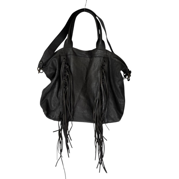 Johnny Was‎ Large Ariana Deep Graphite Grey Italian Goat Leather Fringed Tote - Picture 3 of 11